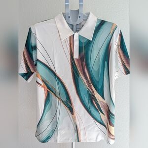 Men’s Short Sleeve Polo Shirt | Abstract Marble Print in Teal & White